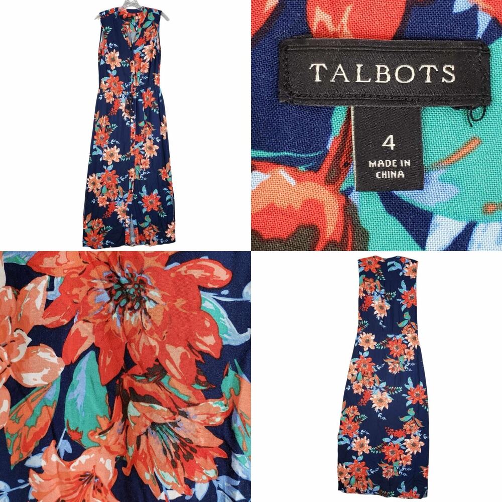 Talbots Maxi Dress Womens Size 4 Blue Orange Floral Sleeveless Button Front